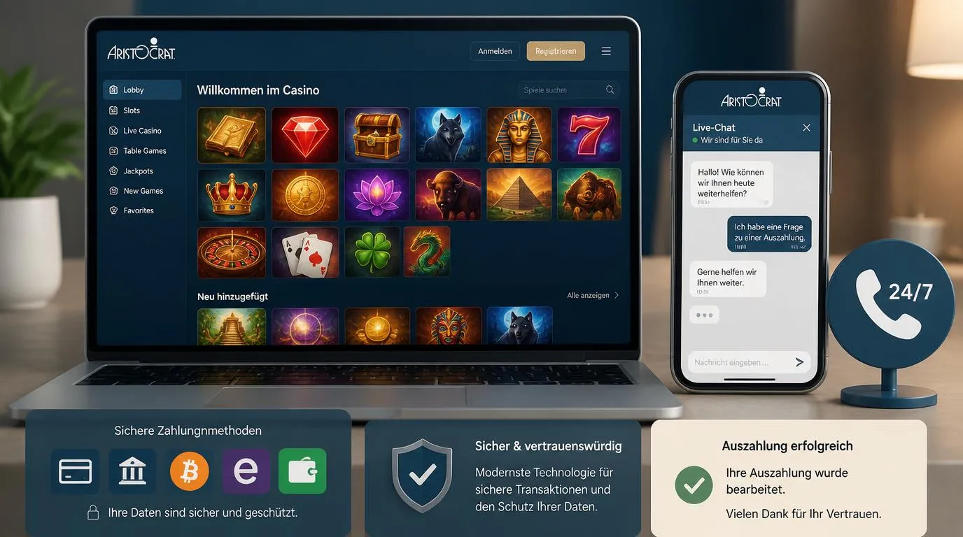 Casino-Oberfläche mit Spielauswahl, Live-Chat, Telefon-Symbol und sicheren Zahlungsoptionen